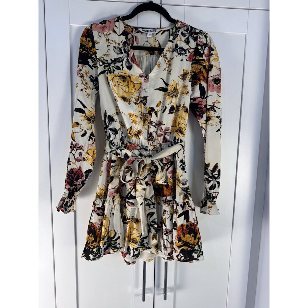 Walter Baker Floral Mini Dress XS Tie Waist Long Sleeve Ruffle Hem Boho